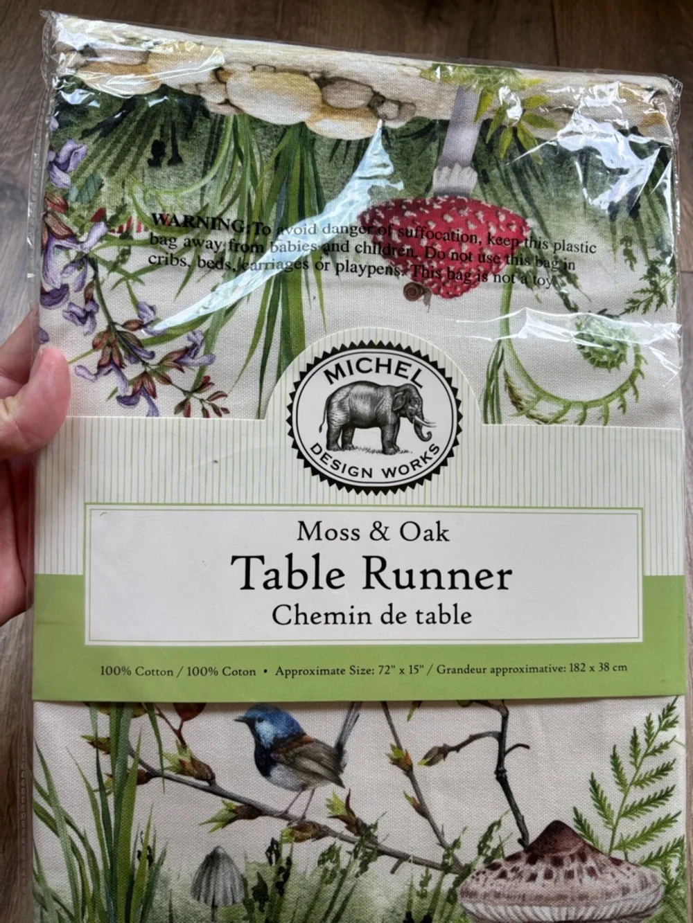 Michel Moss & Oak Table Runner Green Botanical Mushroom Bird Print 72”x15” NEW